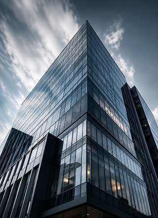 Modern glass skyscraper photographed against a cloudy sky